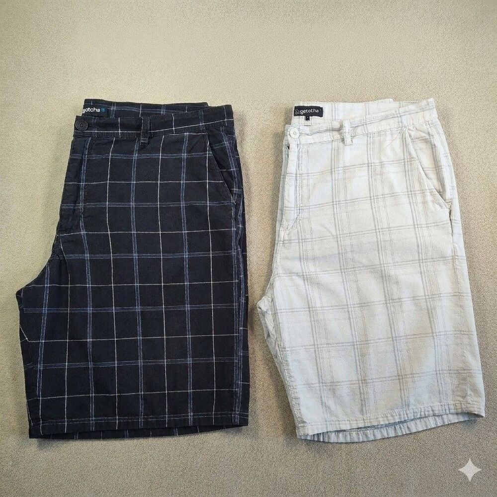 Two Pairs! Gotcha Cargo Skate Grunge Shorts White Blue Check